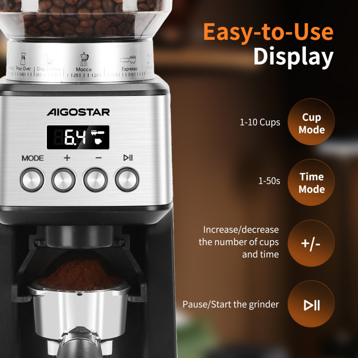 Molinillo de Café Eléctrico AIGOSTAR 180W con LCD y 52 Niveles de Molido | prologyc.es | repuestos.prologyc.es