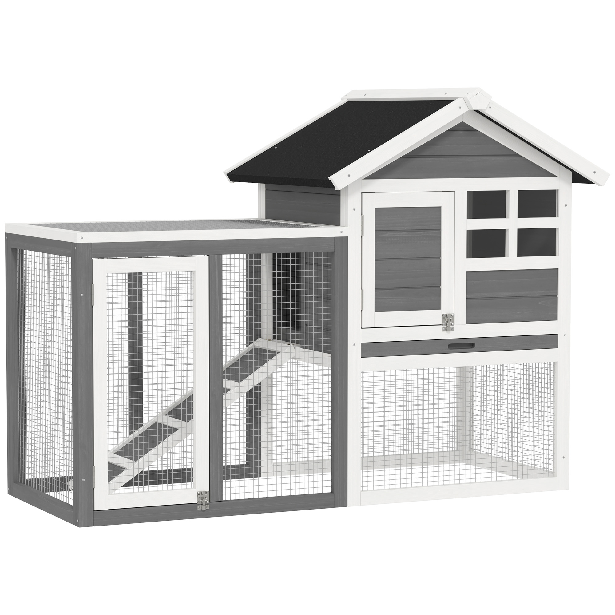 Conejera PawHut de Madera con Caseta Superior, Rampa, Bandeja Extraíble y Corral Exterior | prologyc.es | repuestos.prologyc.es