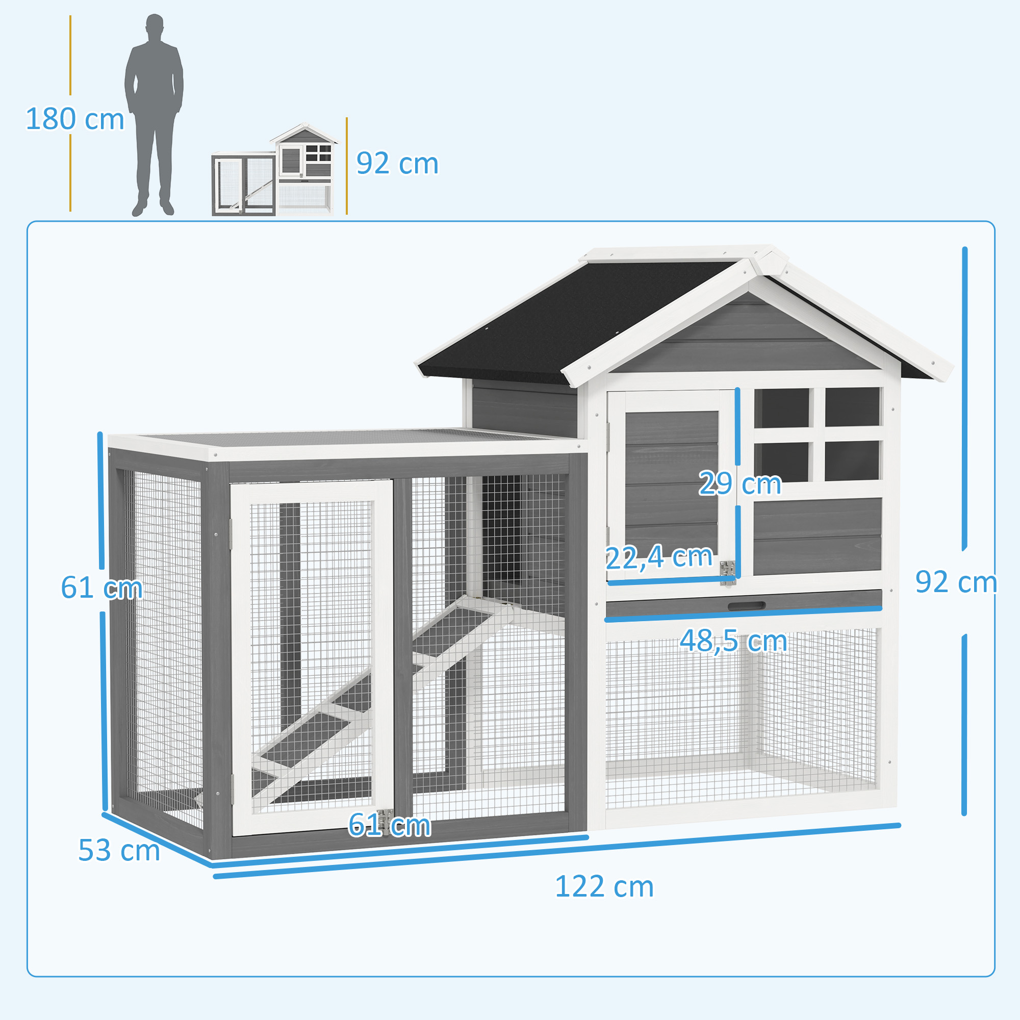 Conejera PawHut de Madera con Caseta Superior, Rampa, Bandeja Extraíble y Corral Exterior | prologyc.es | repuestos.prologyc.es