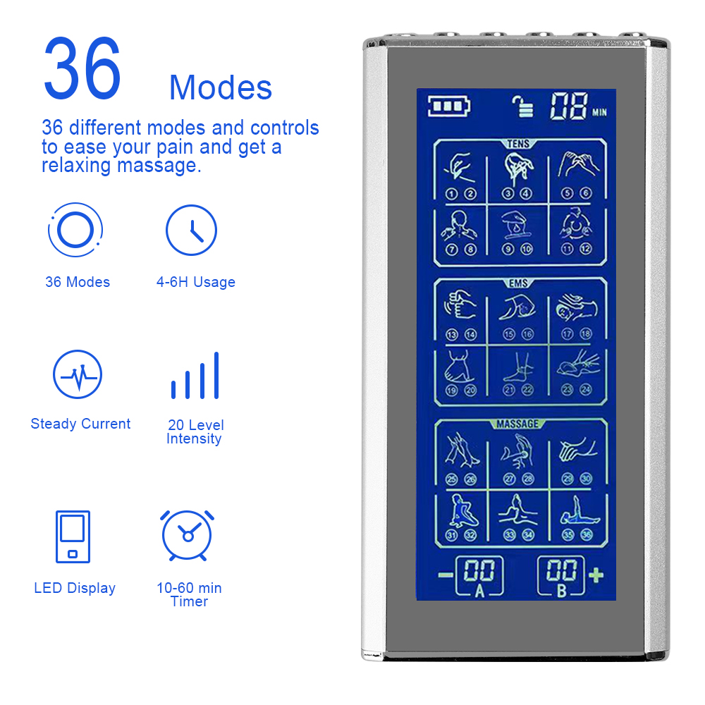 Máquina Tens de 36 modos con 4 almohadillas de electrodos para aliviar el dolor, estimulador muscular EMS, masaje relajante