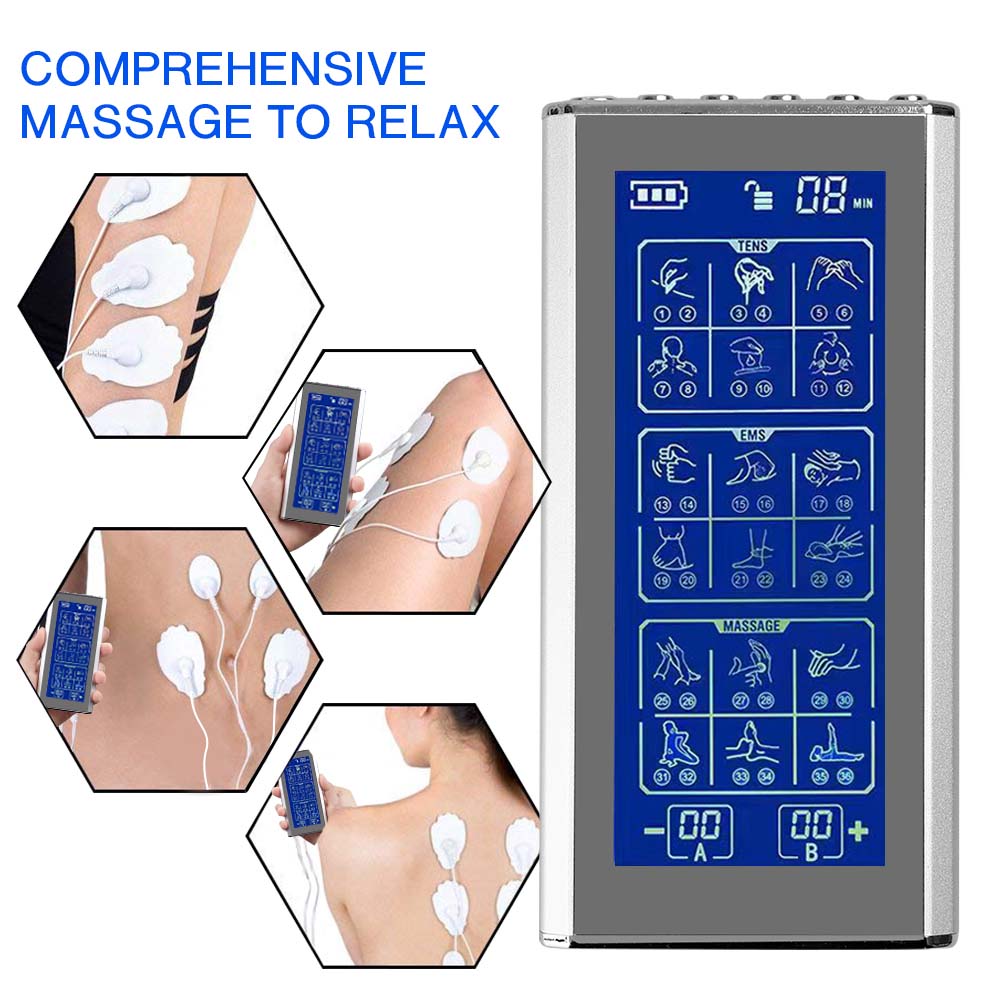 Máquina Tens de 36 modos con 4 almohadillas de electrodos para aliviar el dolor, estimulador muscular EMS, masaje relajante