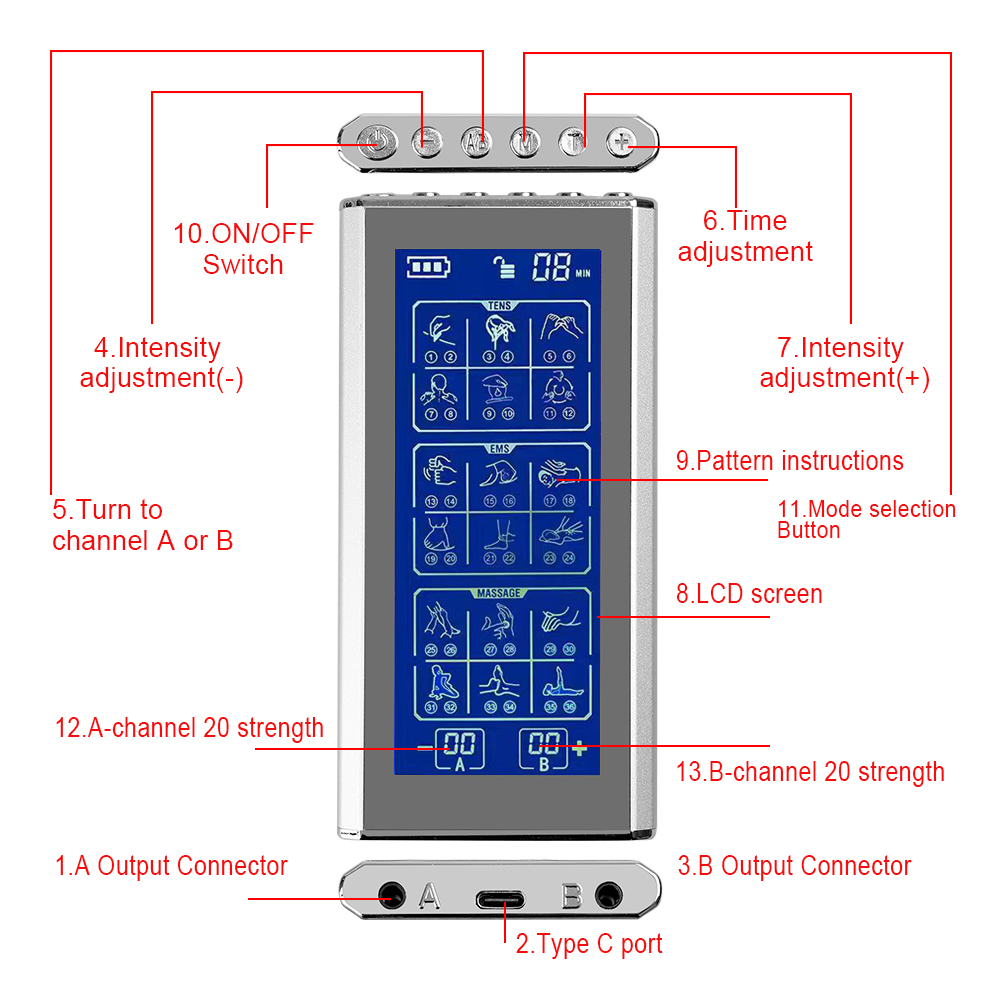 Máquina Tens de 36 modos con 4 almohadillas de electrodos para aliviar el dolor, estimulador muscular EMS, masaje relajante
